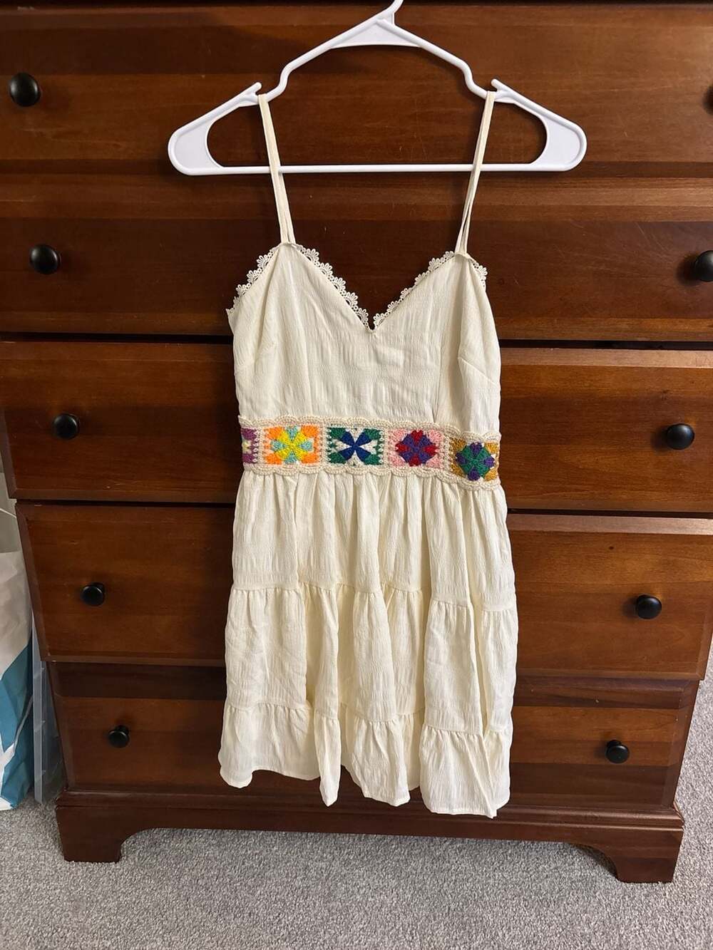 SHEIN White Boho Tiered Mini Dress with Colorful Crochet Waist
